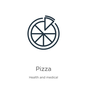 Pizza icon. Thin linear pizza outline icon isolated on white background from health collection. Line vector pizza sign, symbol for web and mobile