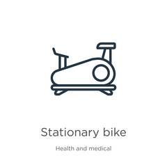 Stationary bike icon. Thin linear stationary bike outline icon isolated on white background from health collection. Line vector stationary bike sign, symbol for web and mobile