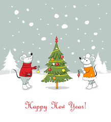 New Year card with happy couple of mice decorating fir-tree