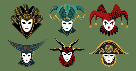 Set of carnival masks. Traditional Venetian masks in hats, decorated with a pattern, ornament, beads, flowers, collars, frills. Vector image on a green background.