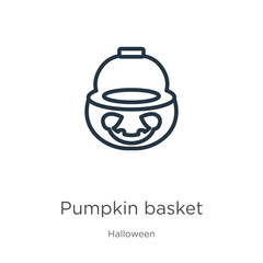 Pumpkin basket icon. Thin linear pumpkin basket outline icon isolated on white background from halloween collection. Line vector pumpkin basket sign, symbol for web and mobile