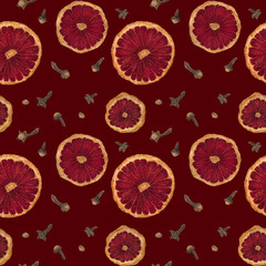 Christmas spiced wine vibrant watercolor seamless pattern on a red with clipping path