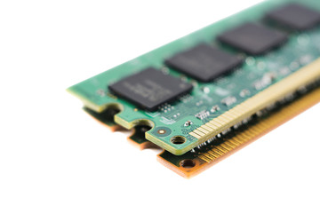 system and main memory pc, random access memory, computer detail, close-up, high resolution, isolated on white background, selective focus