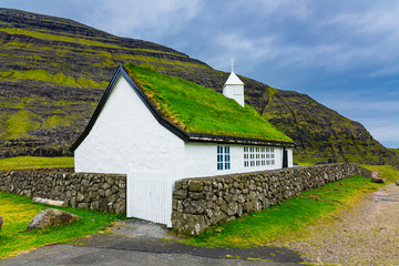Fototapeta na wymiar The Old Church in Saksun village, Saksunar kirkja, Faroe Islands, Denmark
