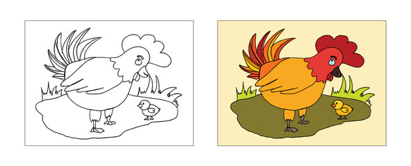 Rooster Cock coloring book design with monochrome and colored versions. Freehand sketch for adult anti stress coloring book page with doodle elements. Vector Illustrations for kids book.