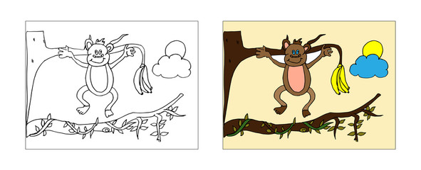 Monkey on tree coloring book design with monochrome and colored versions. Freehand sketch for adult anti stress coloring book page with doodle elements. Vector Illustrations for kids book.
