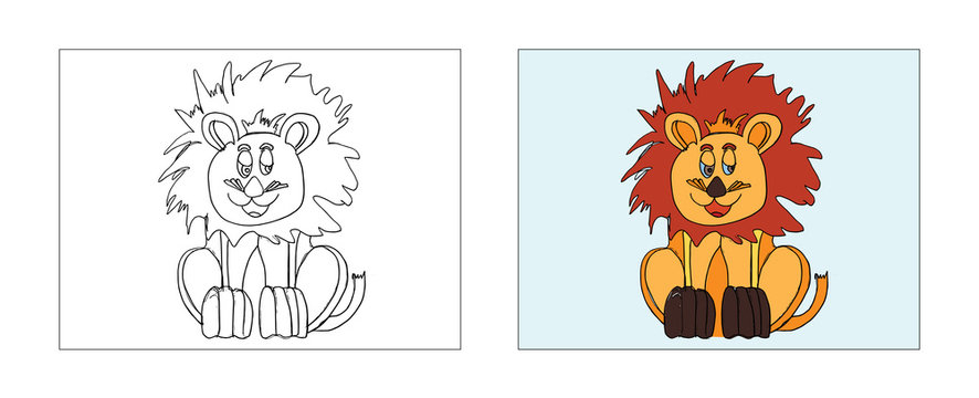 Baby lion coloring book design with monochrome and colored versions. Freehand sketch for adult anti stress coloring book page with doodle elements. Vector Illustrations for kids book.