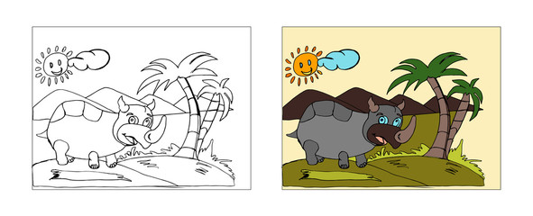 hippopotamus coloring book design with monochrome and colored versions. Freehand sketch for adult anti stress coloring book page with doodle elements. Vector Illustrations for kids book.