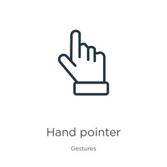 Hand pointer icon. Thin linear hand pointer outline icon isolated on white background from gestures collection. Line vector hand pointer sign, symbol for web and mobile