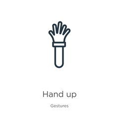 Fototapeta premium Hand up icon. Thin linear hand up outline icon isolated on white background from gestures collection. Line vector hand up sign, symbol for web and mobile
