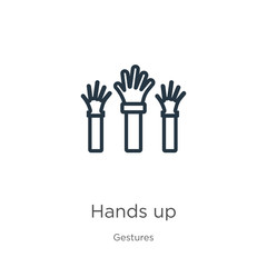 Hands up icon. Thin linear hands up outline icon isolated on white background from gestures collection. Line vector hands up sign, symbol for web and mobile