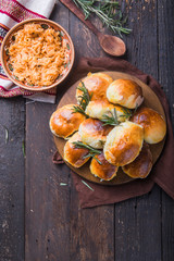 Ready-made baked pies with cabbage.  Traditional russian cuisine. Dinner. treats family traditions.