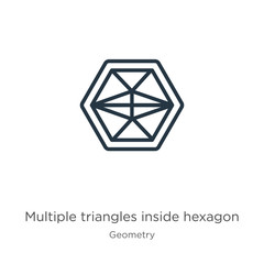 Fototapeta premium Multiple triangles inside hexagon icon. Thin linear multiple triangles inside hexagon outline icon isolated on white background from geometry collection. Line vector multiple triangles inside hexagon