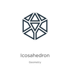 Icosahedron icon. Thin linear icosahedron outline icon isolated on white background from geometry collection. Line vector icosahedron sign, symbol for web and mobile