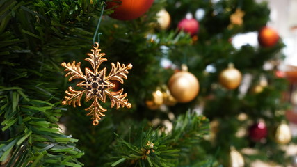 Christmas toy on the branches of a New Year tree. Christmas tree decorated with a festive ball 
