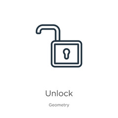 Unlock icon. Thin linear unlock outline icon isolated on white background from geometry collection. Line vector unlock sign, symbol for web and mobile