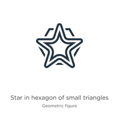 Obraz premium Star in hexagon of small triangles icon. Thin linear star in hexagon of small triangles outline icon isolated on white background from geometry collection. Line vector star in hexagon of small
