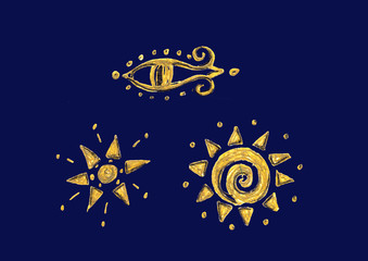 Hand drawn tribal collection. Boho, bohemian golden Illustration. Decorative symbols in ethnic style. Gold design elements Isolated on dark blue background. Sacred  Eye, star and sun.