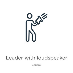 Leader with loudspeaker icon. Thin linear leader with loudspeaker outline icon isolated on white background from general collection. Line vector leader with loudspeaker sign, symbol for web and mobile