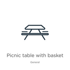 Picnic table with basket icon. Thin linear picnic table with basket outline icon isolated on white background from general collection. Line vector picnic table with basket sign, symbol for web and