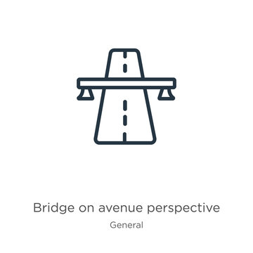 Bridge on avenue perspective icon. Thin linear bridge on avenue perspective outline icon isolated on white background from general collection. Line vector bridge on avenue perspective sign, symbol for