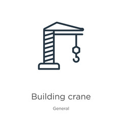 Building crane icon. Thin linear building crane outline icon isolated on white background from general collection. Line vector building crane sign, symbol for web and mobile