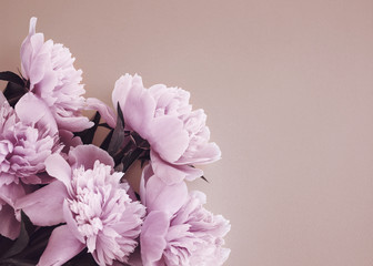 Close-up bouquet of pink peonies in pastel colors, top view in flat lay style. Floral background © isavira