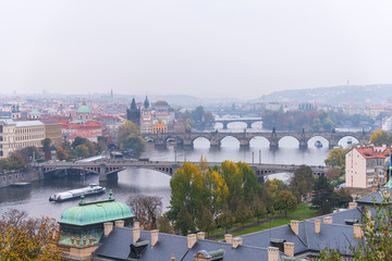 Fototapeta na wymiar Skyline view with historic Charles Bridge or Karluv Most and Vltava river, Prague, Czech Republic
