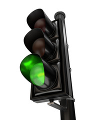 Close-up on a traffic light, the green light is on, isolated on white background