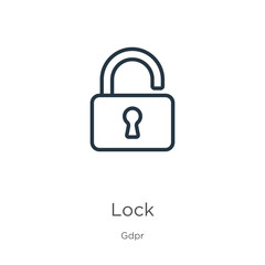Lock icon. Thin linear lock outline icon isolated on white background from gdpr collection. Line vector lock sign, symbol for web and mobile