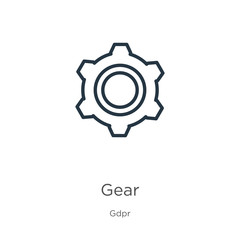 Obraz premium Gear icon. Thin linear gear outline icon isolated on white background from gdpr collection. Line vector gear sign, symbol for web and mobile