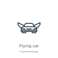 Flying car icon. Thin linear flying car outline icon isolated on white background from future technology collection. Line vector flying car sign, symbol for web and mobile