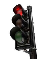 Close-up on a traffic light, the red light is on, isolated on white background