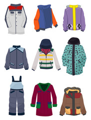Set of winter jackets for boys, beautiful, different models, isolated on white background.