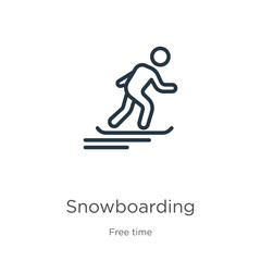 Snowboarding icon. Thin linear snowboarding outline icon isolated on white background from free time collection. Line vector snowboarding sign, symbol for web and mobile