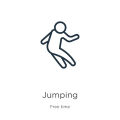 Jumping icon. Thin linear jumping outline icon isolated on white background from free time collection. Line vector jumping sign, symbol for web and mobile