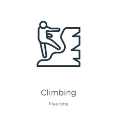 Climbing icon. Thin linear climbing outline icon isolated on white background from free time collection. Line vector climbing sign, symbol for web and mobile
