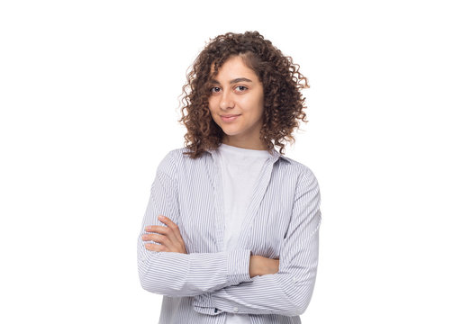 Portrait Of A Pretty Hispanic Young Woman On A White Background.