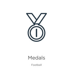 Medals icon. Thin linear medals outline icon isolated on white background from football collection. Line vector medals sign, symbol for web and mobile