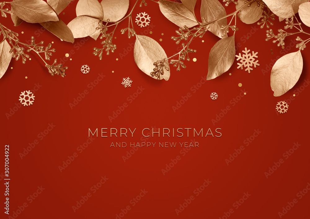 Wall mural red christmas holiday background. copy space for text with a garland of golden leaves and snowflakes