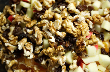fruit salad with walnuts close-up