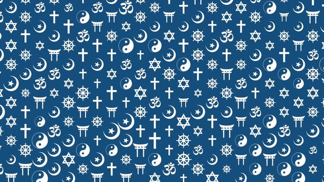 CG background of pulsating religious symbols (Buddhism, Christianity, Hinduism, Islam, Judaism, Shinto, Taoism). Cultural diversity concept. Motion graphics. Blue background. 4K seamless loop