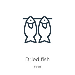 Dried fish icon. Thin linear dried fish outline icon isolated on white background from food collection. Line vector dried fish sign, symbol for web and mobile
