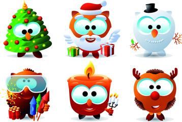 Holiday emoticon owl set icons, Christmas emoji symbols, Reindeer, santa Claus, snowman, vector illustration.