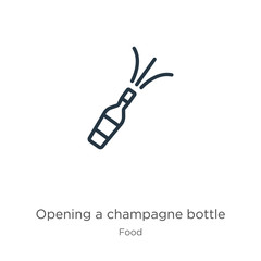 Opening a champagne bottle icon. Thin linear opening a champagne bottle outline icon isolated on white background from food collection. Line vector opening a champagne bottle sign, symbol for web and