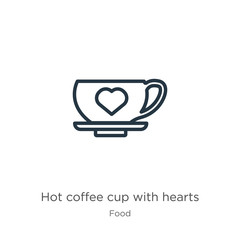 Hot coffee cup with hearts icon. Thin linear hot coffee cup with hearts outline icon isolated on white background from food collection. Line vector hot coffee cup with hearts sign, symbol for web and