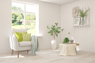 Mock up of stylish room in white color with armchair and green landscape in window. Scandinavian interior design. 3D illustration