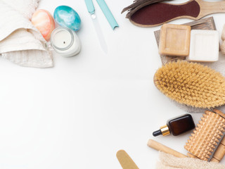 Zero waste concept. Eco-friendly bath set. Brushes, soap, serum, towel, stones, massage tools, nailfile