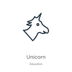 Unicorn icon. Thin linear unicorn outline icon isolated on white background from education collection. Line vector unicorn sign, symbol for web and mobile