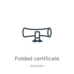 Folded certificate icon. Thin linear folded certificate outline icon isolated on white background from education collection. Line vector folded certificate sign, symbol for web and mobile